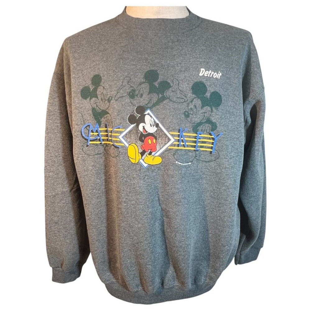 Vintage Disney Mickey Mouse Detroit Sweatshirt Size Large Tultex Gray Crewneck - Picture 3 of 7